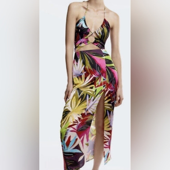 ZARA MULTICOLORED TROPICAL PRINT CUT OUT OPEN BACK DRESS SIZE S. - Picture 7 of 16